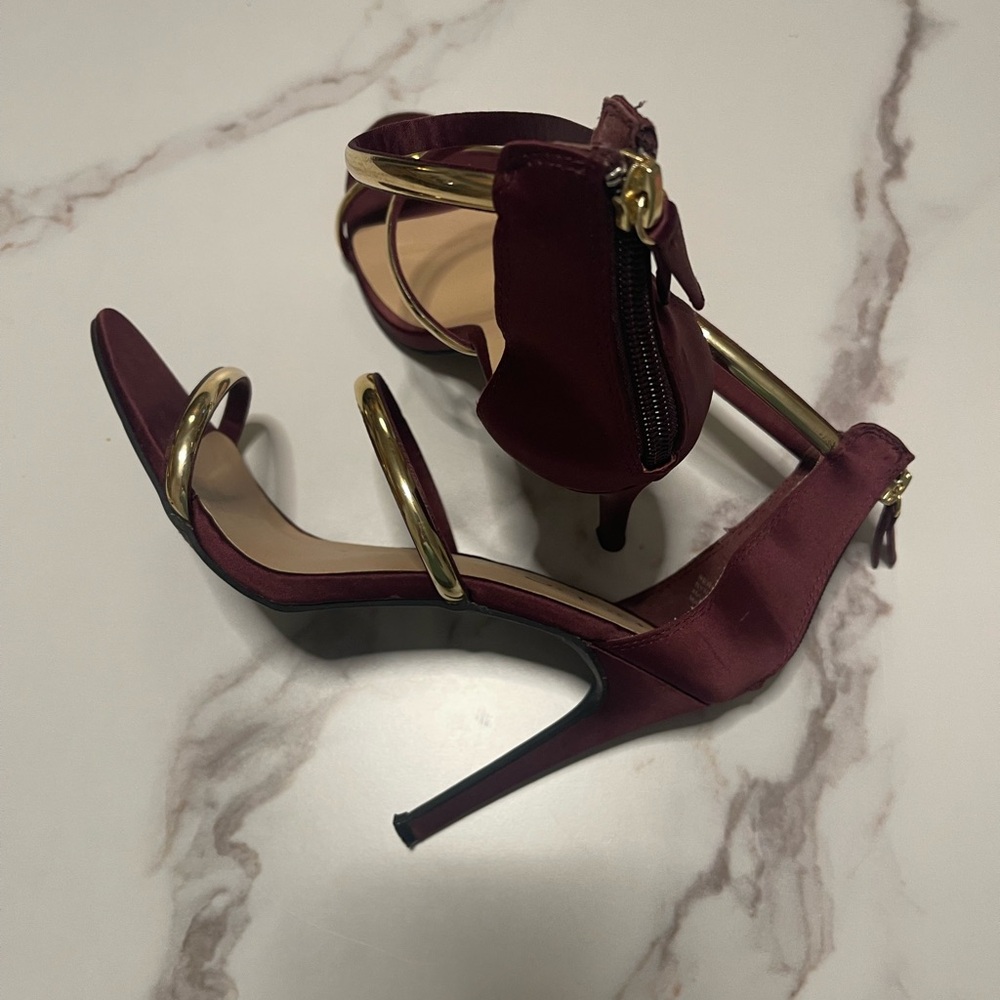 bebe Burgundy and Gold Strappy Heels